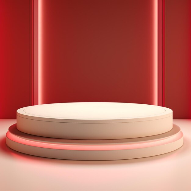 Renderización 3D de un podio blanco con luces rojas a su alrededor sobre un fondo rojo