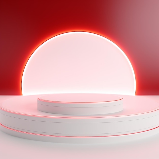 Foto renderización 3d de un podio blanco con luces rojas a su alrededor sobre un fondo rojo