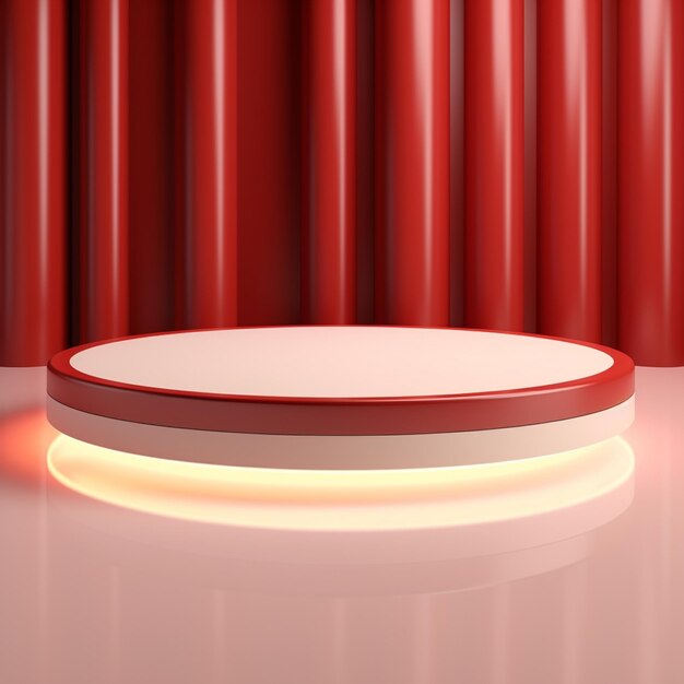 Foto renderización 3d de un podio blanco con luces rojas a su alrededor sobre un fondo rojo