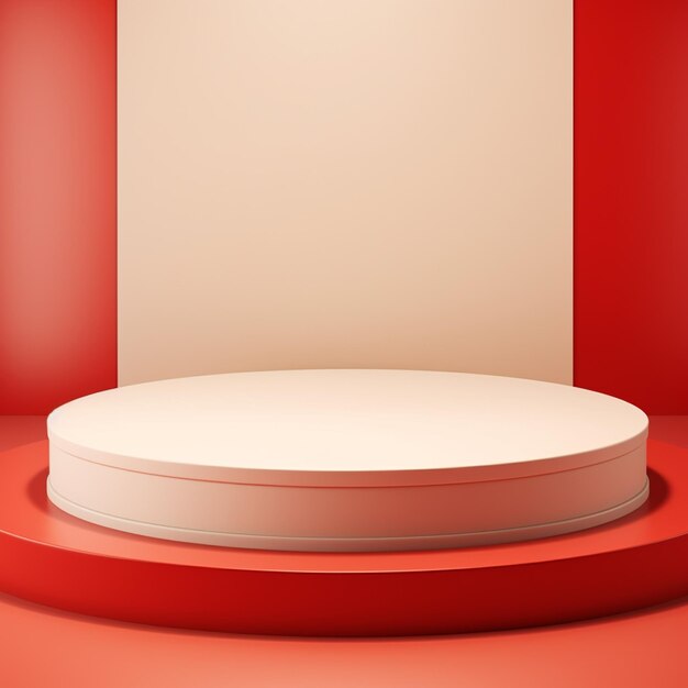 Foto renderización 3d de un podio blanco con luces rojas a su alrededor sobre un fondo rojo
