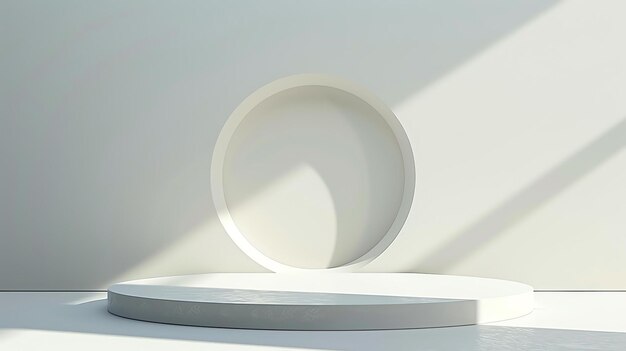 Renderización 3D de un podio blanco con un telón de fondo circular El podio está iluminado por una luz suave desde la derecha
