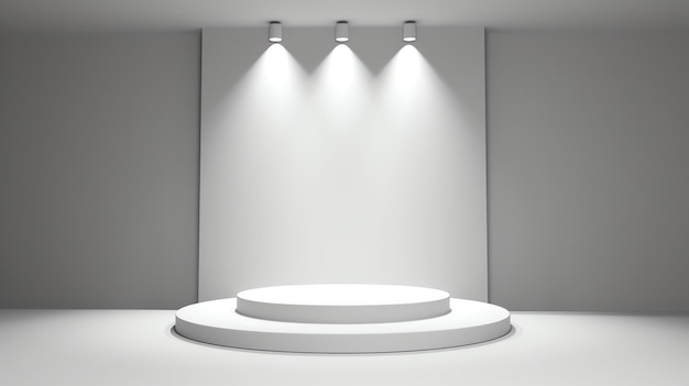 Renderización 3D de un podio blanco vacío con tres focos El podio se encuentra en una gran habitación vacía con un fondo gris