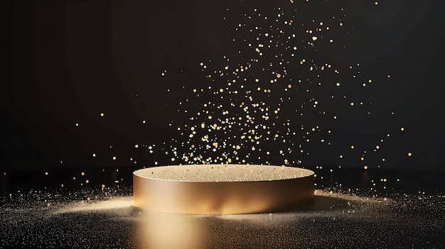 Renderización 3D de un podio dorado con partículas doradas que caen sobre un fondo negro
