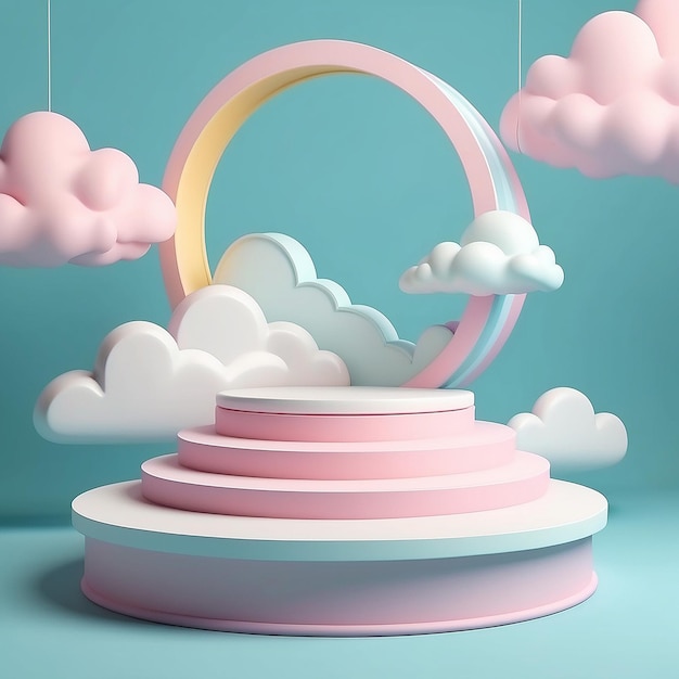 Renderización 3D de podio estilo niño con color fondo pastel nubes y clima con espacio para niños o producto para bebés