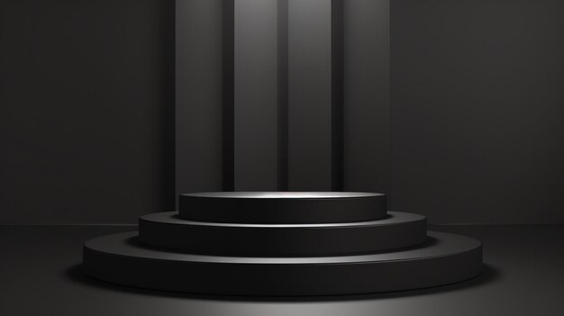 Renderización 3D de un podio negro Fondo oscuro con reflector Pedestal vacío para la presentación del producto