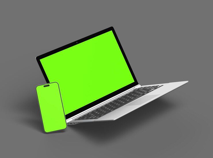 Renderización 3D de portátil y teléfono con pantalla verde sobre un fondo oscuro