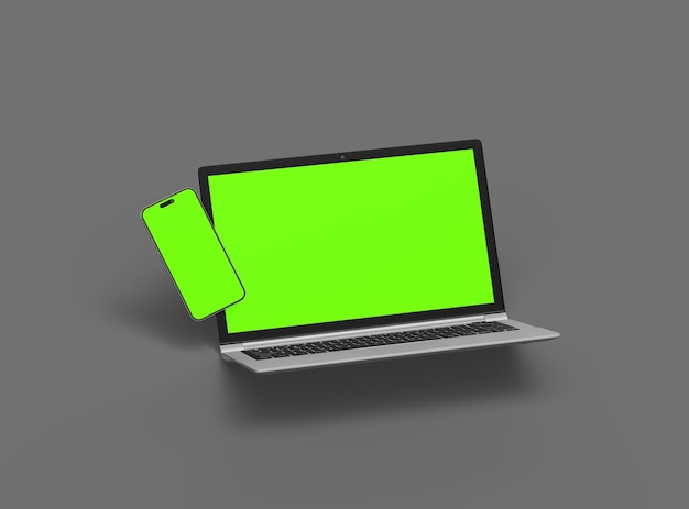 Renderización 3D de portátil y teléfono con pantalla verde sobre un fondo oscuro
