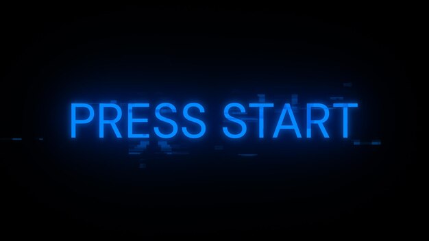 Renderización 3D prensa inicio de texto con efectos de pantalla de fallas tecnológicas