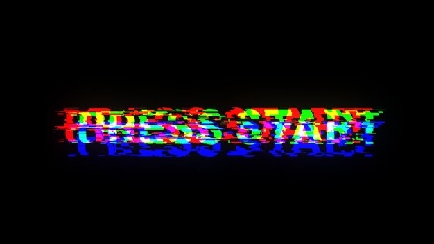 Renderización 3D prensa inicio de texto con efectos de pantalla de fallas tecnológicas