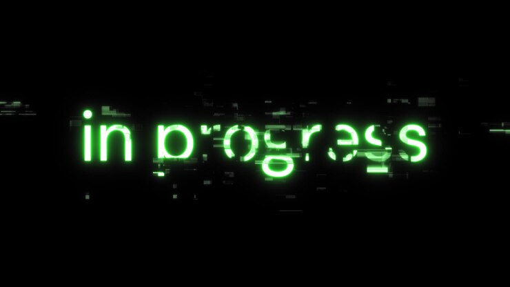 Foto renderización 3d en progreso de texto con efectos de pantalla de fallas tecnológicas
