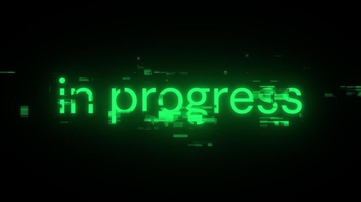 Foto renderización 3d en progreso de texto con efectos de pantalla de fallas tecnológicas