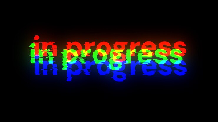 Foto renderización 3d en progreso de texto con efectos de pantalla de fallas tecnológicas