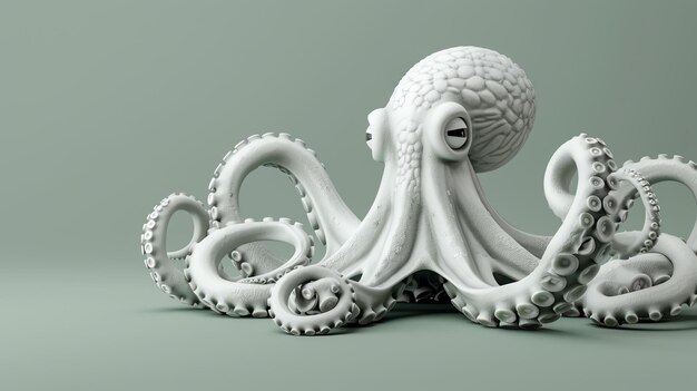 Foto renderización 3d de un pulpo blanco sobre un fondo verde pálido el pulpo está mirando hacia la izquierda del cuadro y tiene sus tentáculos enroscados a su alrededor