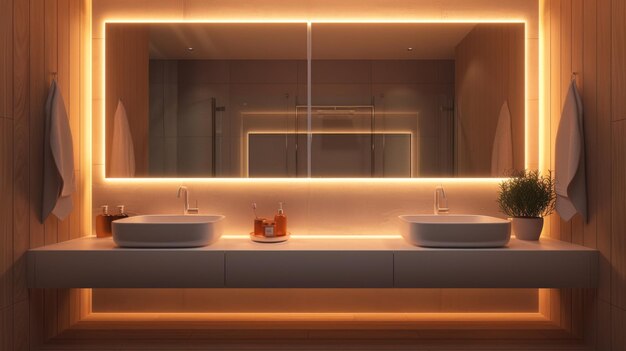 Renderización 3D realista de un baño moderno compacto con espejos retroiluminados e iluminación de bajo nivel que crea un espacio brillante y acogedor
