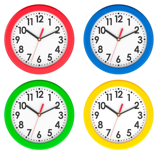 Renderización 3D de los relojes de pared de color en vista frontal