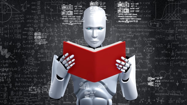 Renderización en 3D de un robot hominoide leyendo un libro y resolviendo matemáticas