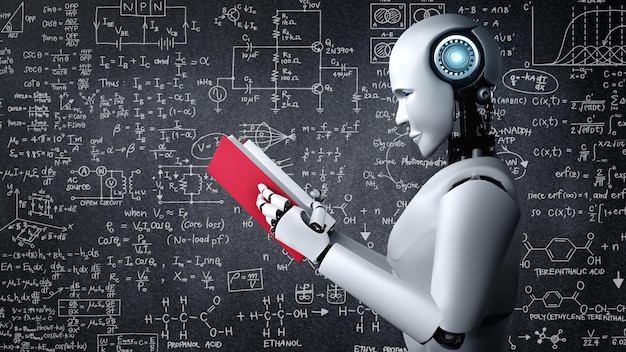 Renderización en 3D de un robot hominoide leyendo un libro y resolviendo matemáticas