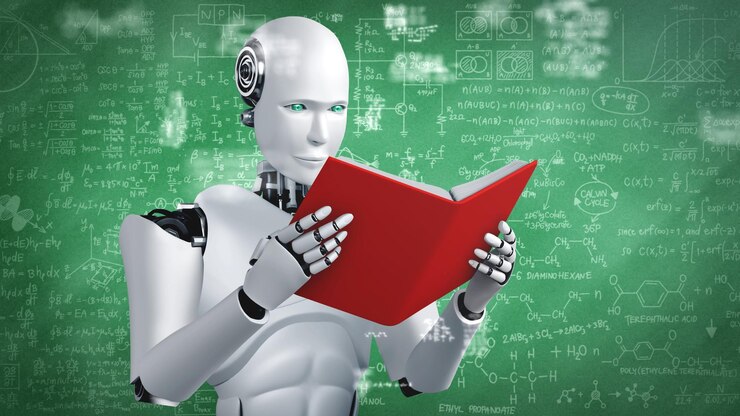 Foto renderización en 3d de un robot hominoide leyendo un libro y resolviendo matemáticas