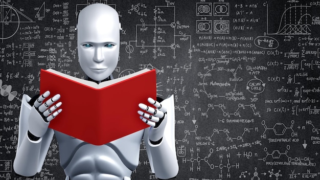 Renderización en 3D de un robot hominoide leyendo un libro y resolviendo matemáticas
