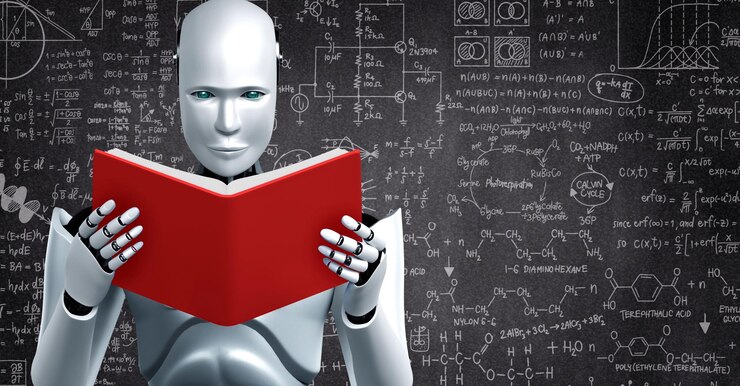 Foto renderización en 3d de un robot hominoide leyendo un libro y resolviendo matemáticas