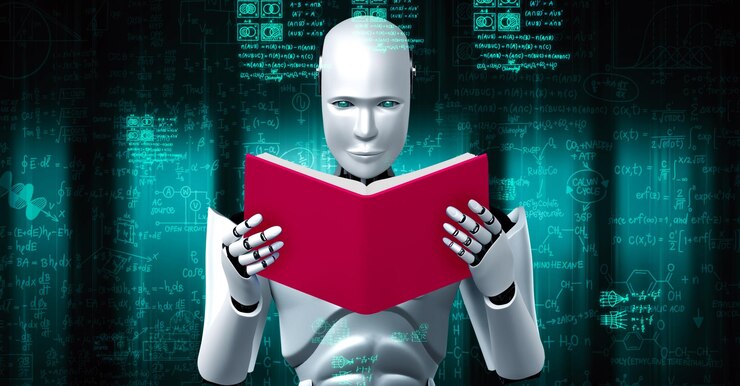Foto renderización en 3d de un robot hominoide leyendo un libro y resolviendo matemáticas