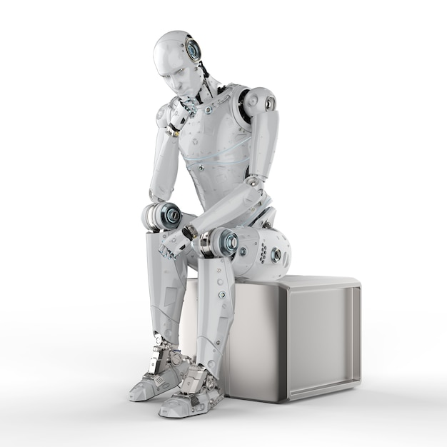 Renderización 3D de un robot que piensa o calcula