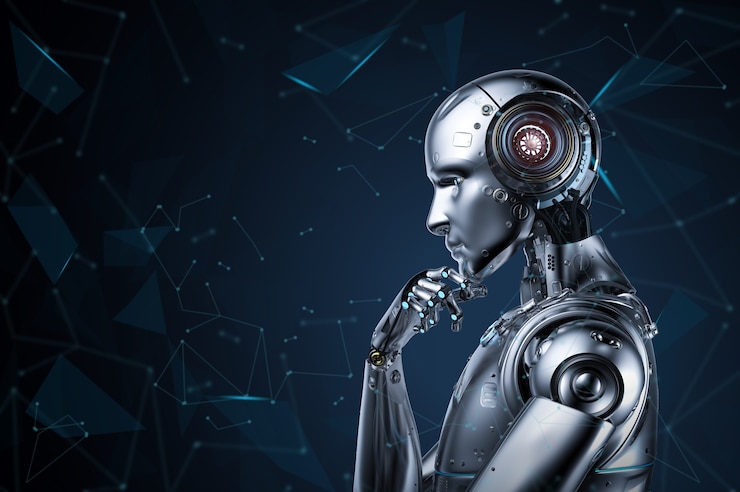 Foto renderización 3d de un robot que piensa o calcula