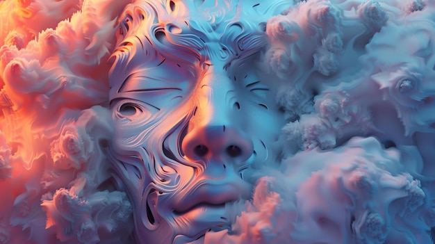 Renderización 3D de un rostro humano hecho de mármol blanco El rostro está rodeado por un fondo abstracto colorido