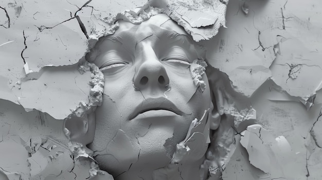Renderización 3D de un rostro humano hecho de piedra con ojos cerrados y textura superficial agrietada