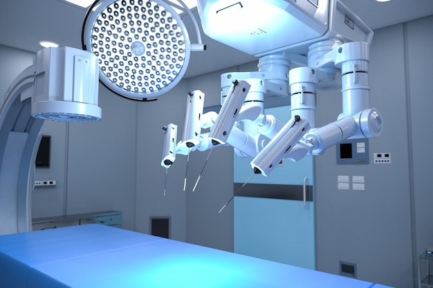 Renderización 3D de la sala de cirugía del hospital con máquina CArm y robot de cirugía
