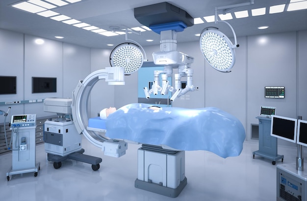 Renderización 3D de la sala de cirugía del hospital con máquina CArm y robot de cirugía