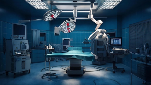 Foto renderización 3d de la sala de cirugía del hospital con máquina carm y robot de cirugía