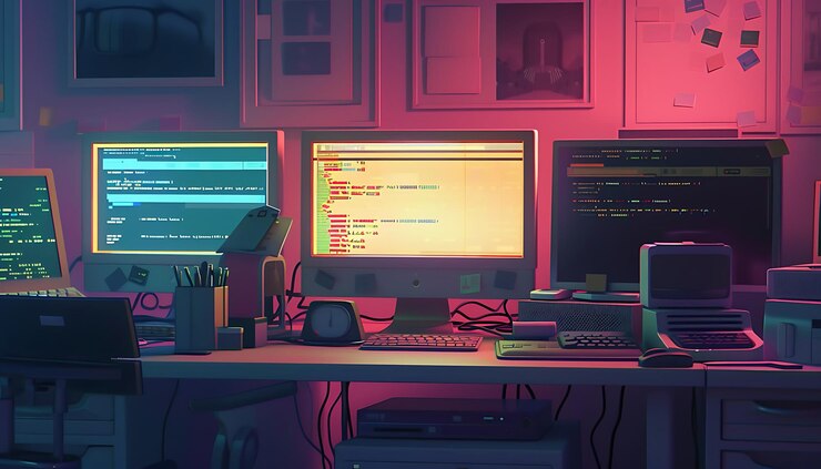 Foto renderización 3d de una sala de computadoras en un estilo cyberpunk