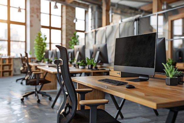 Renderización en 3D de una sala de oficinas moderna con computadoras de escritorio