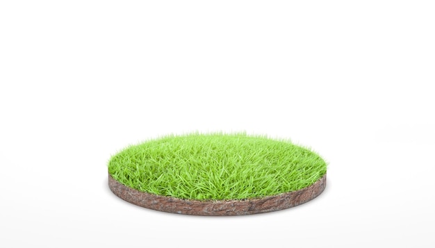 Renderización 3d Sección transversal del suelo redondo con hierba verde sobre fondo blanco