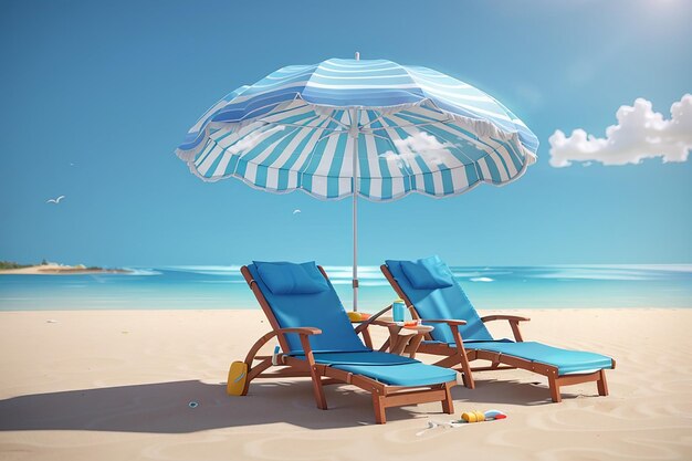 Renderización 3D de sillas de playa y paraguas en fondo azul concepto de verano