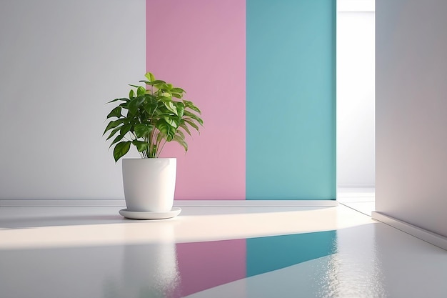 Renderización 3D del símbolo blanco de la planta en el icono de la olla apoyado en la pared de color con el suelo reflejo borroso con espacio vacío en el lado derecho