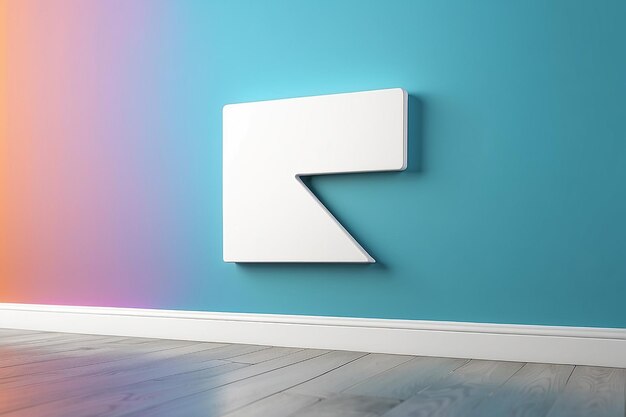 Foto renderización 3d del símbolo blanco de la respuesta todo el icono del signo apoyado en la pared de color con el suelo reflejo borroso con espacio vacío en el lado derecho