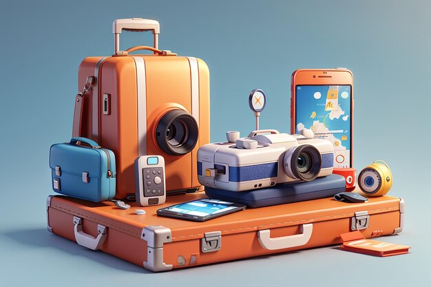 Renderización 3D del smartphone símbolo de ubicación de equipaje billete icono de cámara concepto de aplicación para vacaciones de viaje en el fondo Ilustración de renderización 3D estilo de dibujos animados