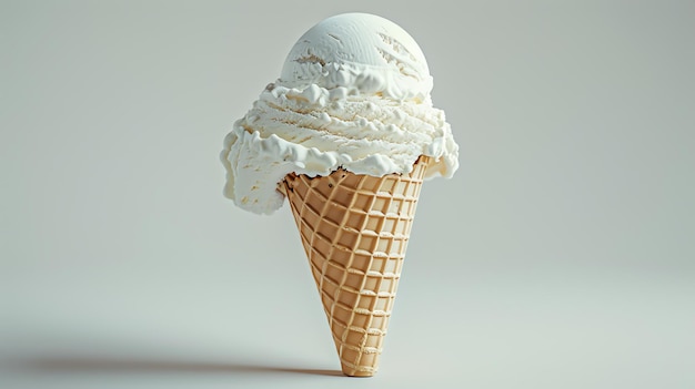 Renderización 3D de un solo cono de helado con una gran cuchara de helado de vainilla