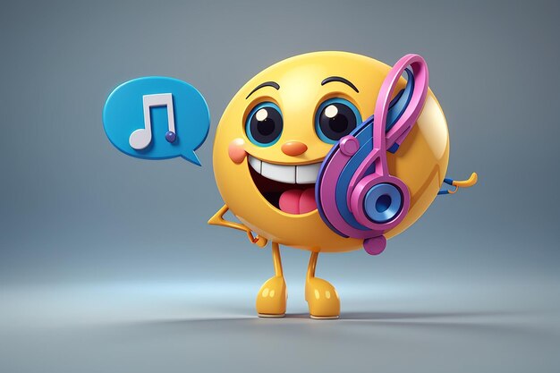 Renderización en 3D de la sonrisa, el carácter, el emoticon, la expresión, la nota musical, el icono con la burbuja de habla colorida.