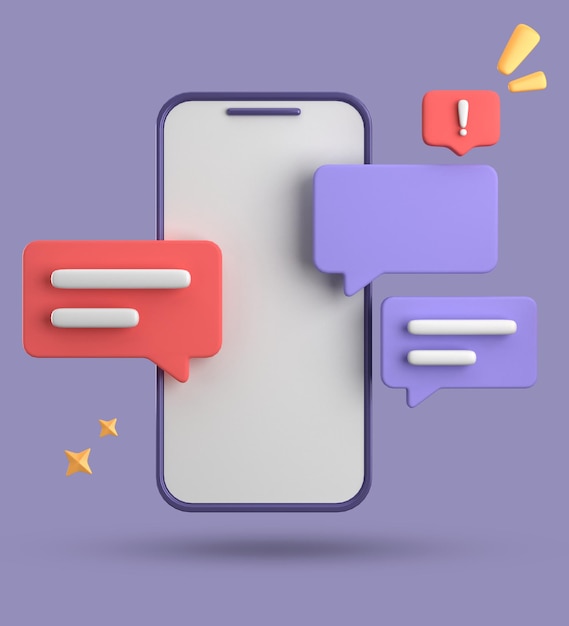 Renderización 3D de spartphone y burbuja de habla chat 3D pastel con conjunto de iconos de símbolos