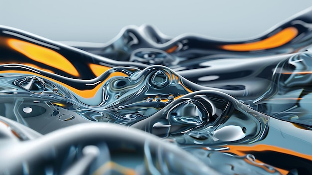 Foto renderización 3d de una superficie líquida lisa con cáusticos el líquido es azul y los cáusticos son naranja