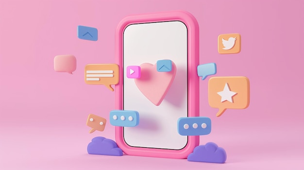 Renderización 3D de un teléfono móvil con burbujas de habla en fondo rosa