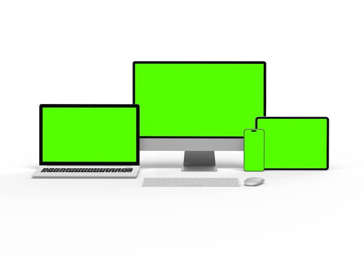 Foto renderización 3d de teléfonos inteligentes y tabletas portátiles de escritorio en un fondo claro