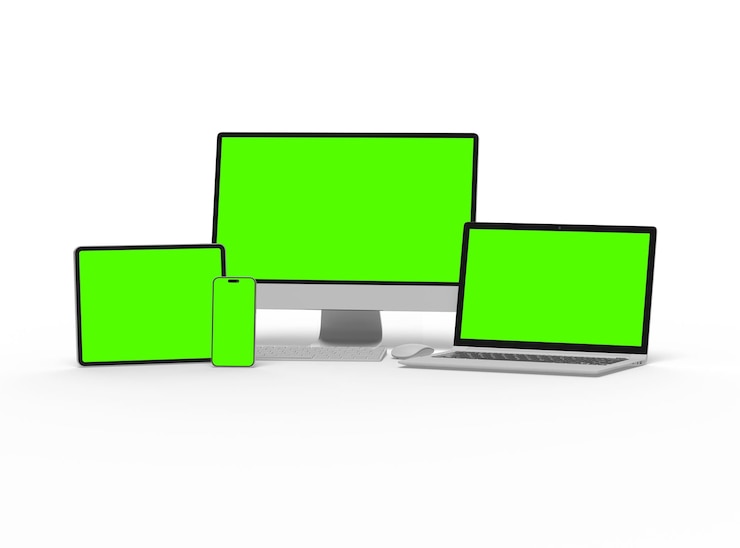 Foto renderización 3d de teléfonos inteligentes y tabletas portátiles de escritorio en un fondo claro