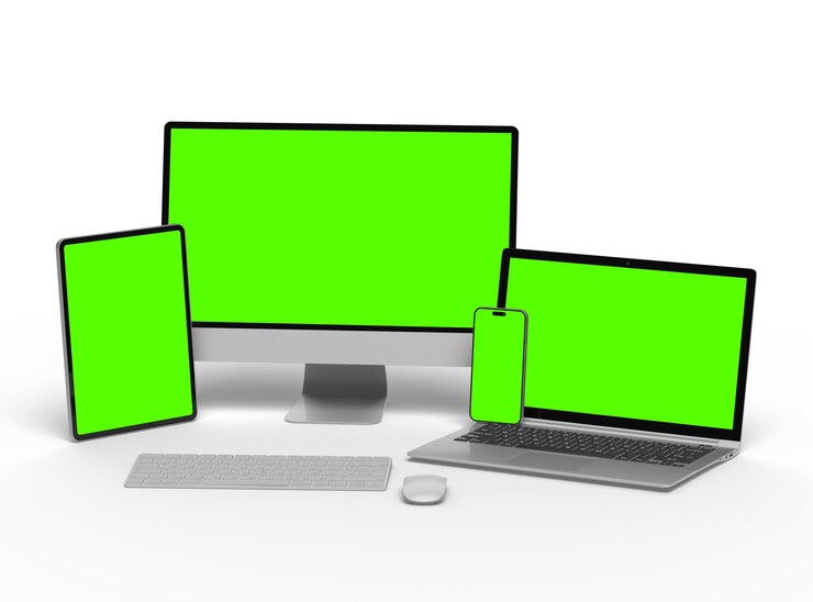 Foto renderización 3d de teléfonos inteligentes y tabletas portátiles de escritorio en un fondo claro
