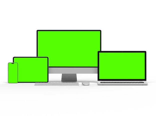 Renderización 3D de teléfonos inteligentes y tabletas portátiles de escritorio en un fondo claro