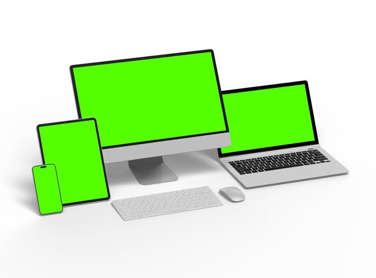 Foto renderización 3d de teléfonos inteligentes y tabletas portátiles de escritorio en un fondo claro