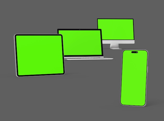 Renderización 3D de teléfonos inteligentes y tabletas portátiles de escritorio en un fondo oscuro